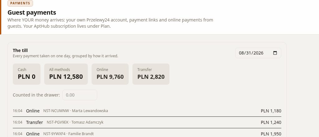 The day's till in ApartSync: payments grouped by method, cash counted apart