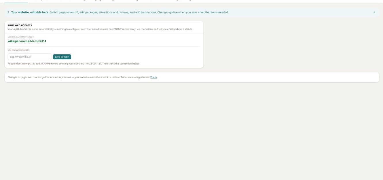 The ApartSync website builder: sections on the left, the words in the middle, the live page on the right