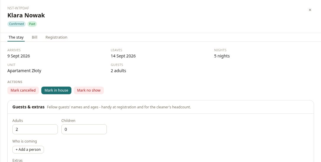 An ApartSync reservation: stay, money, deposit and extras at a glance