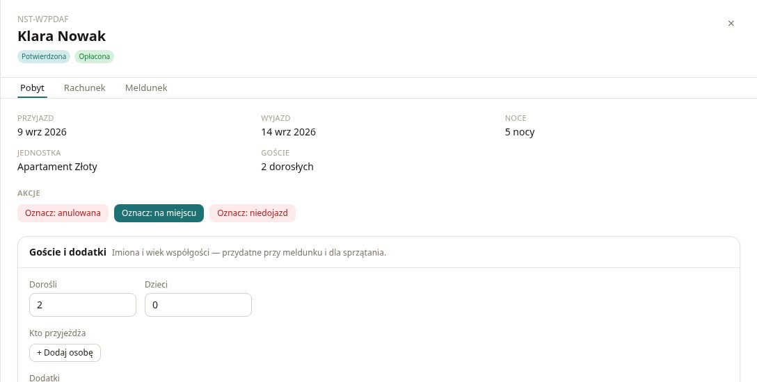 Karta rezerwacji ApartSync: pobyt, pieniądze, zadatek i dodatki jednym rzutem oka